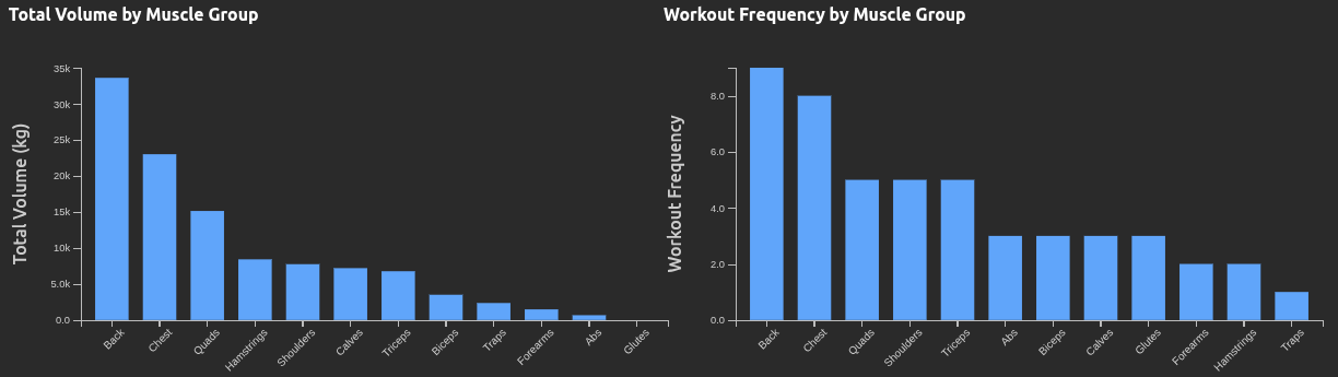 A bar chart in WorkoutOS analytics displaying a user's total training volume broken down by muscle group.